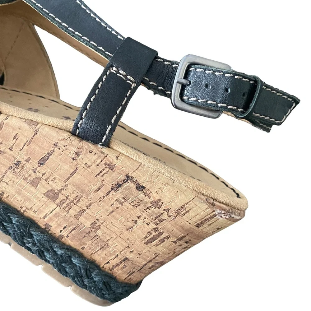 Naturalizer N5 Comfort Black Leather Strappy Cork Wedge Heel Sandal 9.5